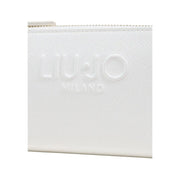 White textured leather zippered pouch with embossed liu jo milano logo for women beige wallet with zip pockets