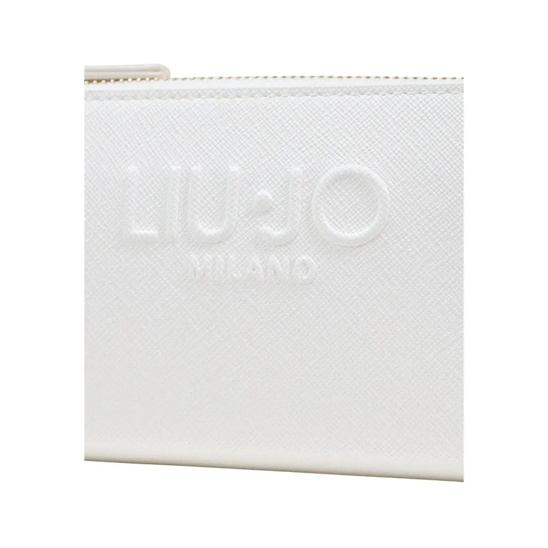 White textured leather zippered pouch with embossed liu jo milano logo for women beige wallet with zip pockets