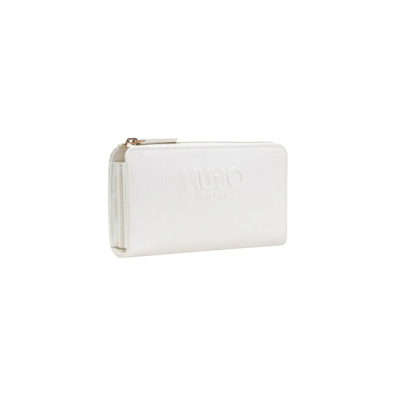 Liu Jo women beige wallet made of white textured leather with gold-tone zipper and embossed logo, 19.5x10x2 cm