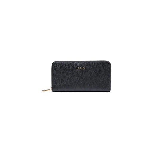 Black textured leather Liu Jo women wallet with gold-tone zipper and embossed logo zip around XL polyurethane 19cm