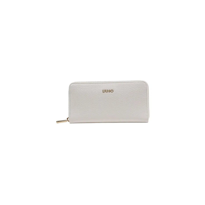 White textured leather zippered wallet with gold-tone zipper pull and liu jo logo embossed on front in black polyurethane