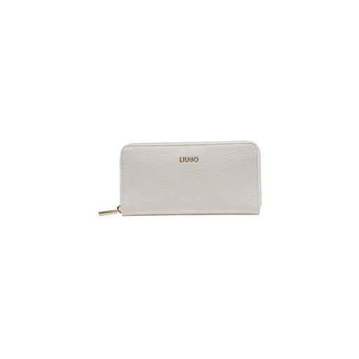 White textured leather zippered wallet with gold-tone zipper pull and liu jo logo embossed on front in black polyurethane