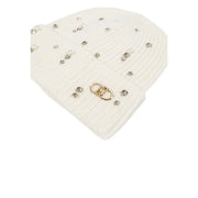 Liu Jo women white cream-colored knitted beanie with pearls rhinestones and a gold-tone metal clasp at the front