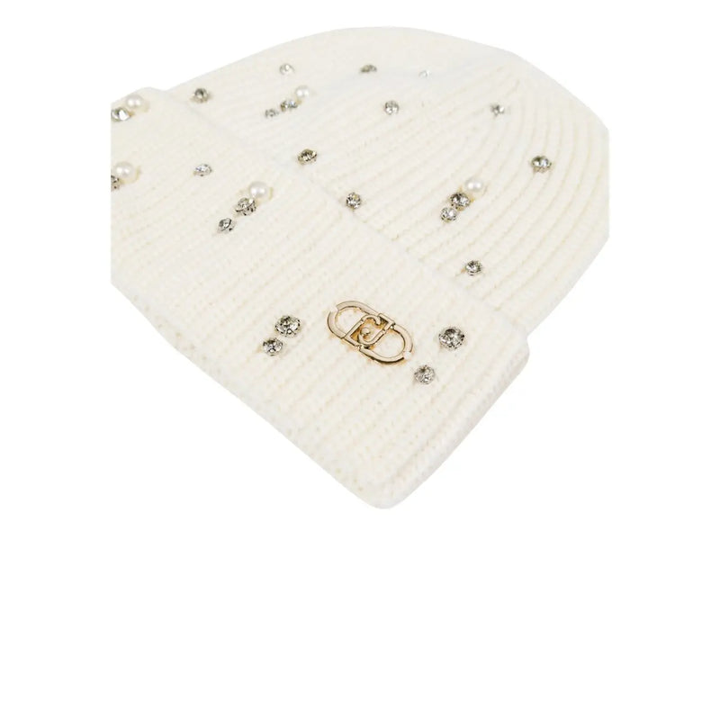 Liu Jo women white cream-colored knitted beanie with pearls rhinestones and a gold-tone metal clasp at the front