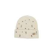 Cream-colored ribbed knit beanie with silver rhinestones and metallic logo plaque on cuff by liu jo women white cap rhinestones