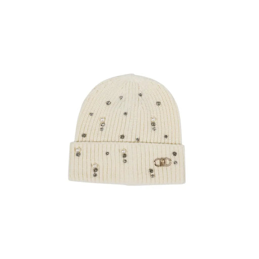 Cremefarbene, gerippte Strickmütze mit silbernen Strasssteinen und metallischem Logo-Emblem am Bündchen von Liu Jo Women White Cap Strasssteine