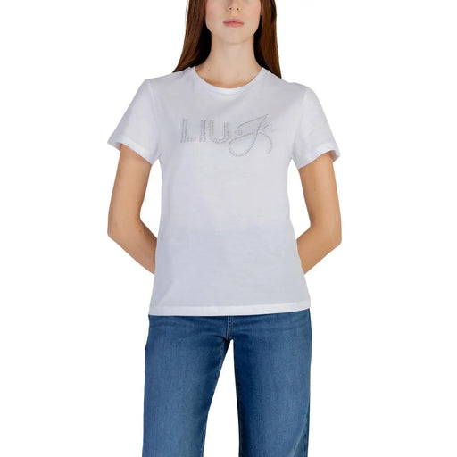 White liu jo women cotton t shirt with round neck featuring a sparkling rhinestone logo on the chest