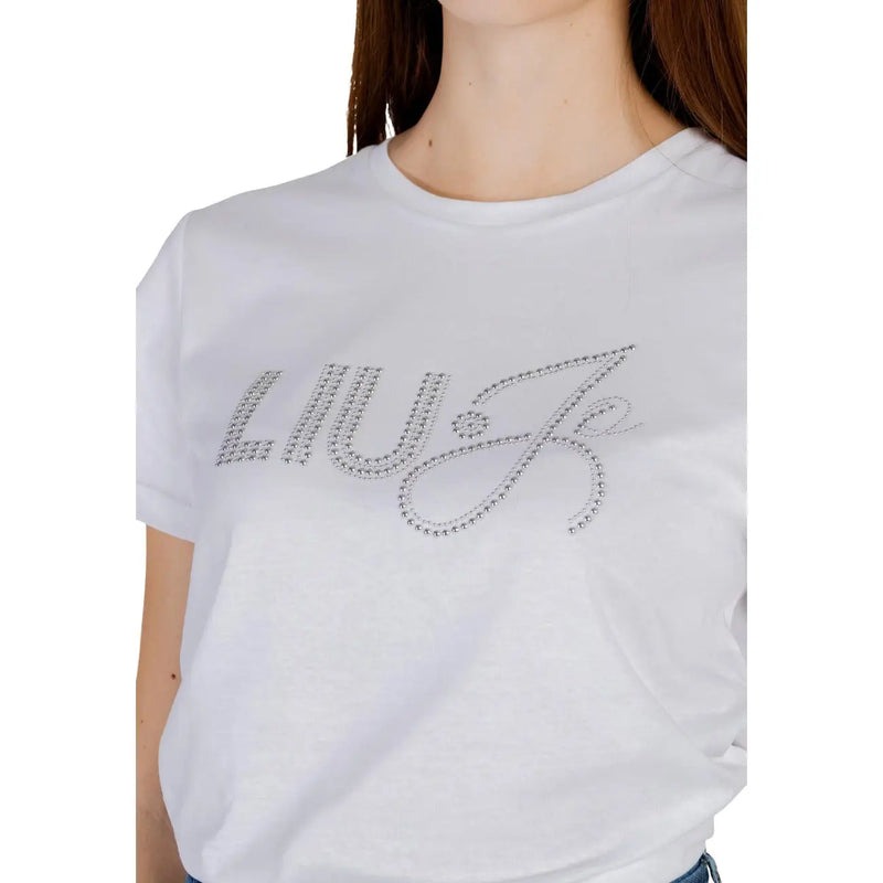 White liu jo women cotton round neck short t shirt with sparkling rhinestone logo across the chest