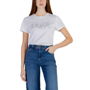 White liu jo women cotton t shirt with round neck and sparkling rhinestone lettering across the chest