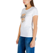 Liu Jo women white cotton round neck short t shirt with white short sleeves and colorful liu jo graphic print