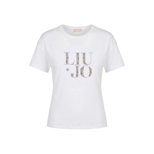 White liu jo cotton round neck t shirt with sparkling rhinestone embellished liu jo logo across the chest
