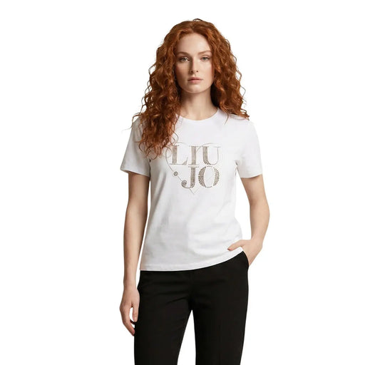 Liu Jo women white cotton round neck short t shirt with sparkling rhinestone embellished logo on chest