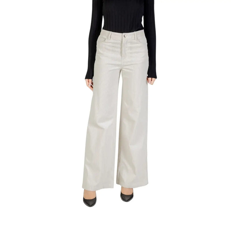 Liu Jo women white cotton trousers with beige wide-leg sleek design and subtle front pockets