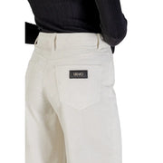 Cream-colored corduroy trousers with subtle vertical ribbed texture and black leather liu jo brand patch