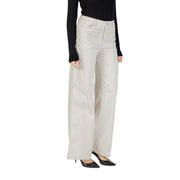 Liu Jo women white cotton trousers with pockets featuring cream-colored wide-leg, straight-cut design, and subtle stitching