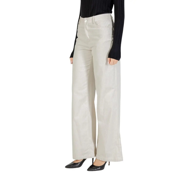 Liu jo women white cotton trousers with pockets featuring high-waisted light beige wide-leg design and smooth fabric
