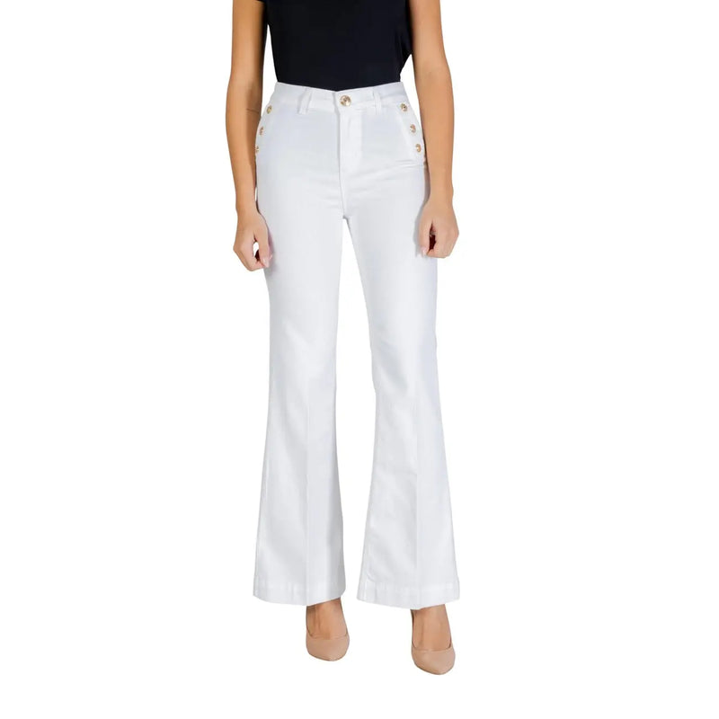 Liu jo women white cotton flared trousers with gold toned buttons along the side seams