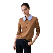 Liu Jo women white floral wool blend button sweater camel knit with light blue collar and delicate embroidery