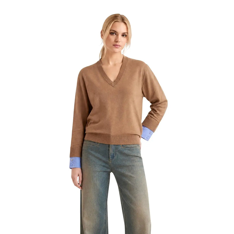Liu Jo women white floral wool blend button sweater featuring a camel v-neck with light blue cuffs and ribbed trim