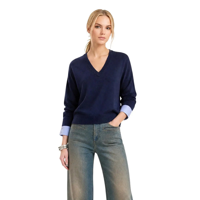 Navy blue v-neck wool blend sweater with light purple cuffs from Liu Jo women white floral button collection