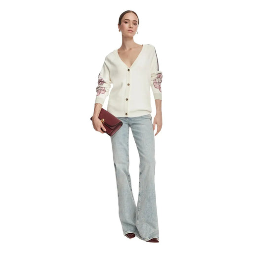 couleur crème Liu Jo Gilet en laine mélangée blanche à motif floral pour femme, avec fermeture boutonnée sur le devant et broderies florales roses sur les manches.