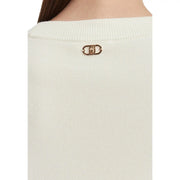 A gold-tone metal logo pin on the back of a liu jo women white floral wool blend ribbed knit sweater