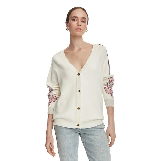 Liu Jo Pull en laine mélangée blanche à boutons pour femme, cardigan crème en maille avec broderie florale rose et rayure noire aux épaules