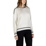 Liu Jo women white off-white knit sweater with black trim on neckline cuffs hem