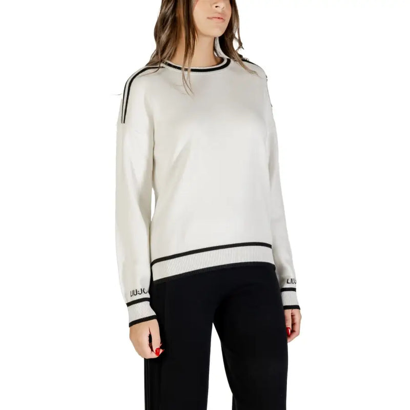 Liu Jo women white off-white knit sweater with black trim on neckline cuffs hem