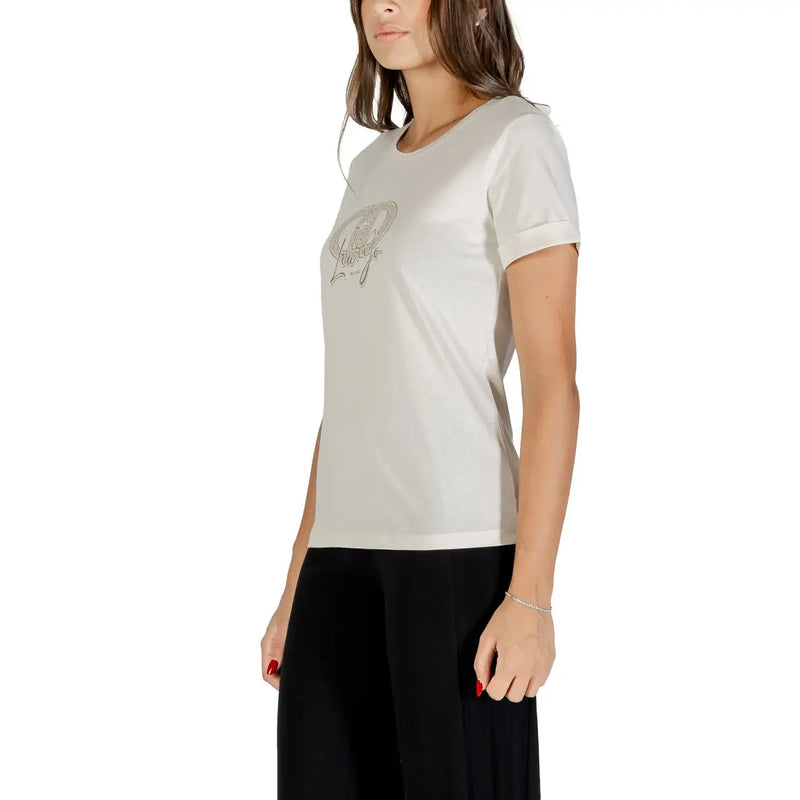 Women’s light beige short-sleeve cotton T-shirt with subtle graphic design for Liu Jo Women