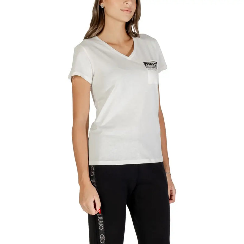 Liu Jo women white v neck cotton t shirt with black logo patch and matching pocket on the left chest