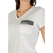 Liu Jo women white v neck cotton t shirt with chest pocket featuring a black logo patch