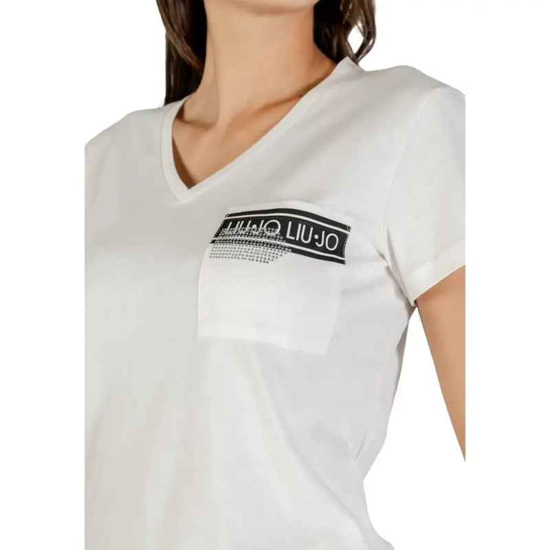 Liu Jo women white v neck cotton t shirt with chest pocket featuring a black logo patch