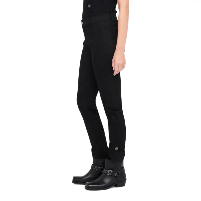 Liu jo women’s black high-waisted slim-fit trousers with metallic branding and zip button closure for fall winter