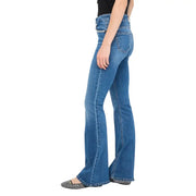 Back side view of Liu Jo women’s blue cotton blend high waist denim flare jeans with decorative studs on belt loop