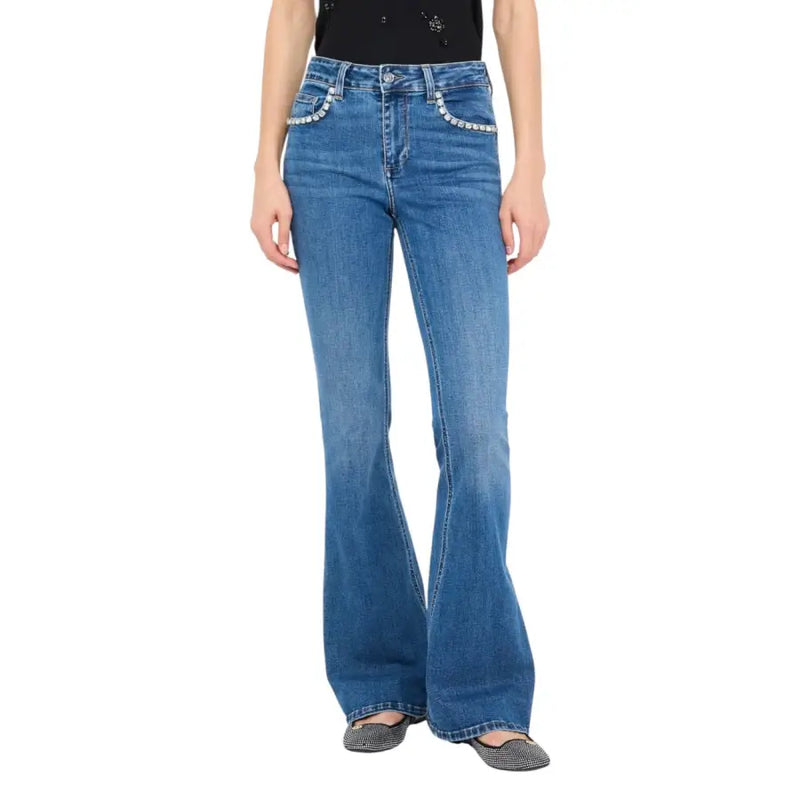 Liu Jo women’s blue cotton blend flare jeans with pearl embellishments on front pockets from fall winter collection