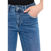 Liu Jo women’s blue cotton blend jeans with clear rhinestones decorating the front pocket edge fall winter collection