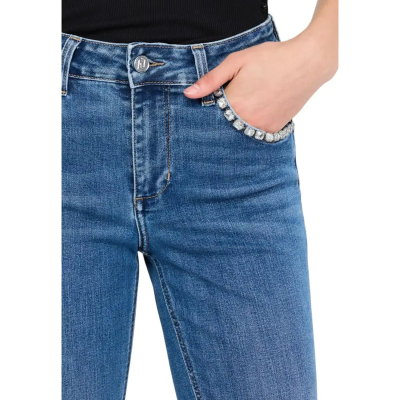 Liu Jo women’s blue cotton blend jeans with clear rhinestones decorating the front pocket edge fall winter collection
