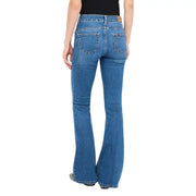 Liu Jo women’s blue cotton blend denim flare jeans with classic five-pocket design and brown leather brand patch