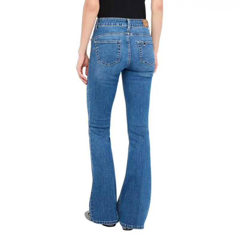Liu Jo women’s blue cotton blend denim flare jeans with classic five-pocket design and brown leather brand patch