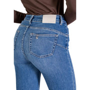 Back view of liu jo women’s blue cotton blend jeans with classic pocket design and white brand label at waistband
