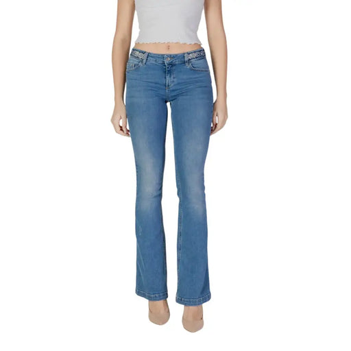Liu Jo women’s blue denim flare jeans with decorative beaded belt loop detail from spring summer collection