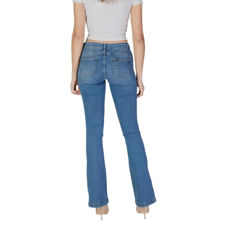 Liu Jo women’s blue denim flare jeans with classic five-pocket design and subtle fading from spring summer collection