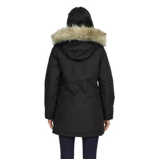 Black parka with fur-trimmed hood from Long Black Hooded Jacket for Women with Zip and Automatic Buttons