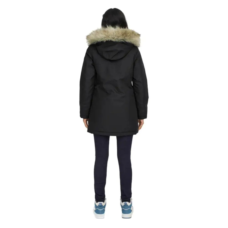 Long black hooded jacket for women with zip and automatic buttons featuring a light brown fur-lined hood