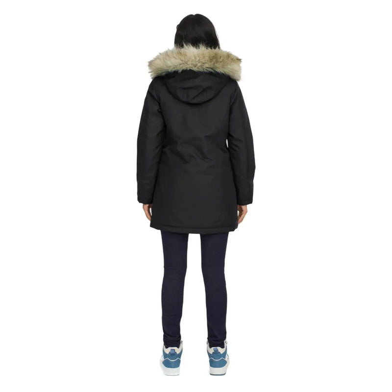 Long black hooded jacket for women with zip and automatic buttons featuring a light brown fur-lined hood