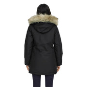 Long black hooded jacket for women with zip and automatic buttons featuring tan fur-lined hood winter parka
