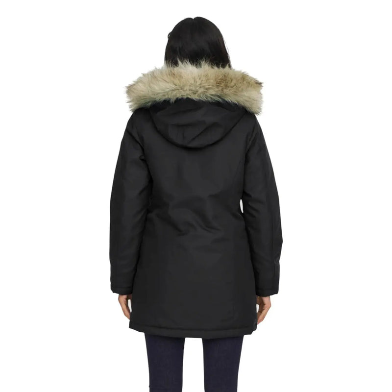 Long black hooded jacket for women with zip and automatic buttons featuring tan fur-lined hood winter parka