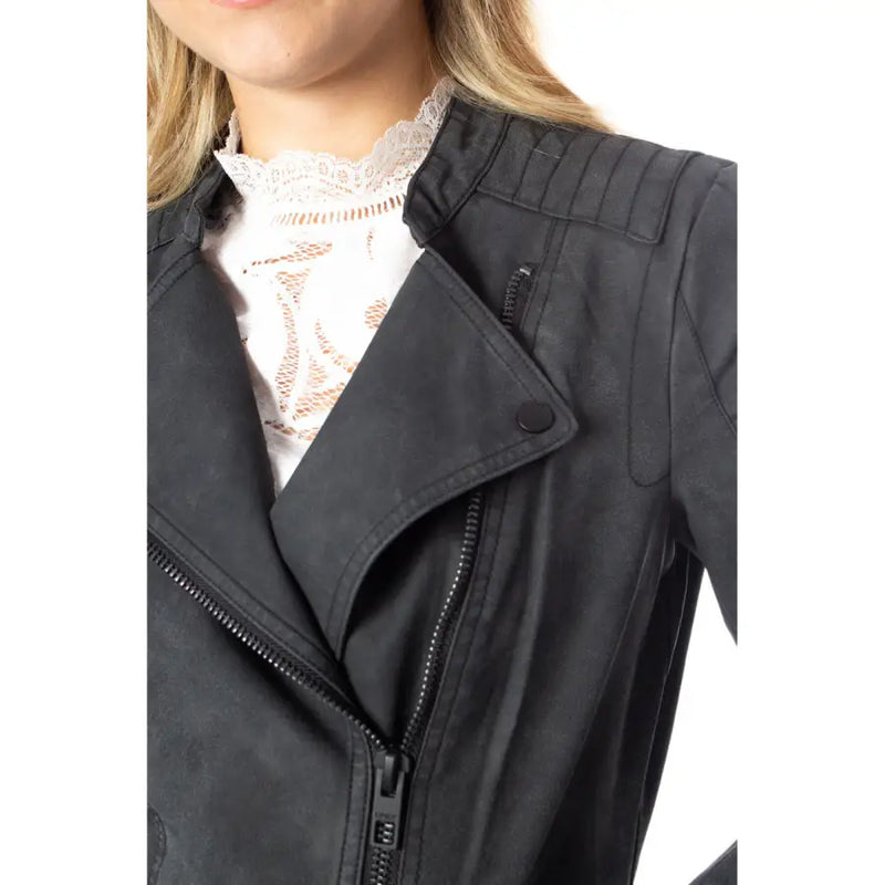 Dark gray leather biker jacket with asymmetrical zipper, wide lapel, and padded shoulders