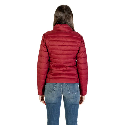 Women’s red quilted puffer jacket displayed with Long Bordeaux Turtleneck Zip Jacket for Women